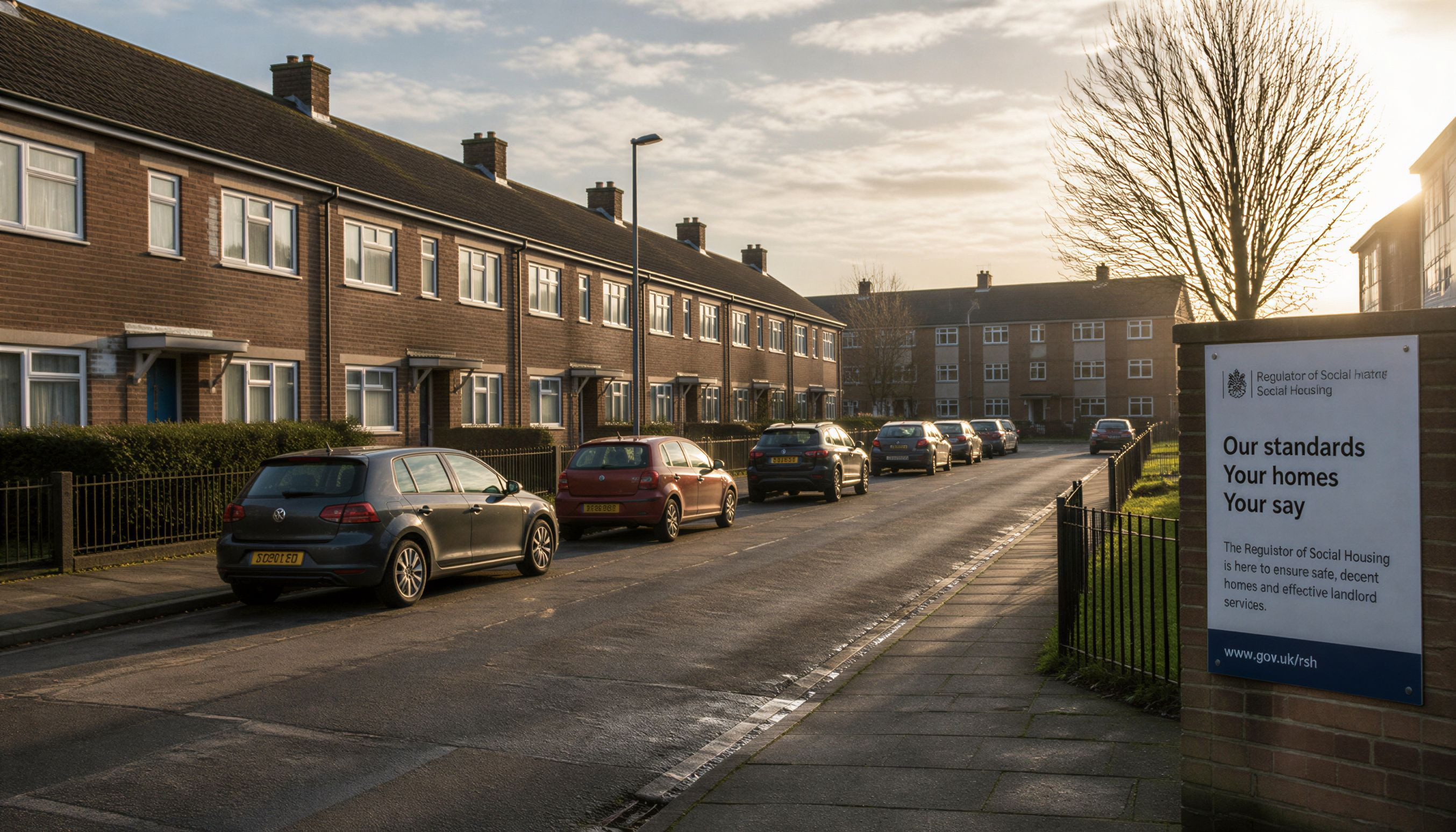 Social-housing street, UK, late afternoon